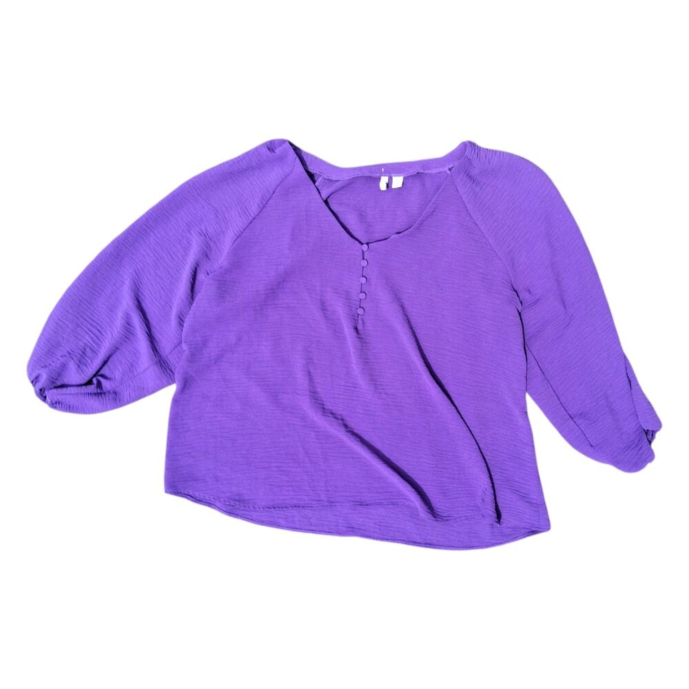 Cato Textured Purple V-Neck Blouse XL Faux Button Balloon Bubble Sleeve Top